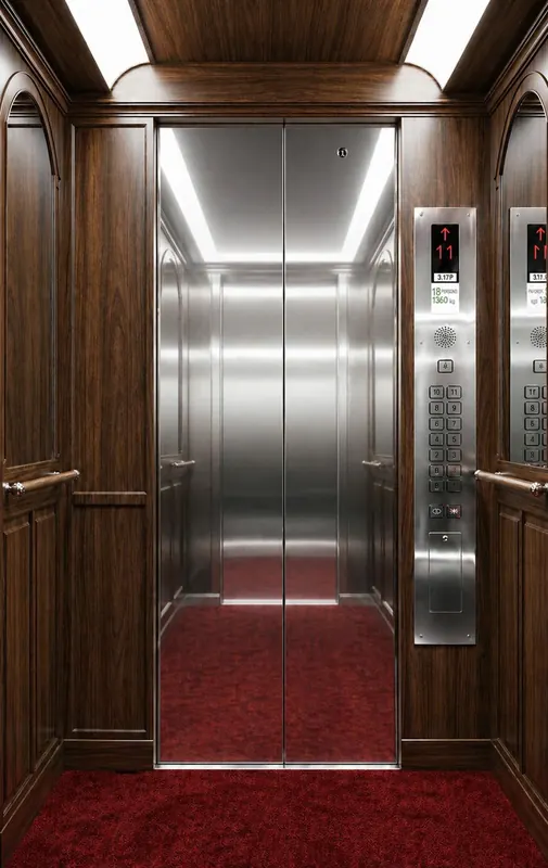 Cabin thang máy ốp gỗ tối màu, vách giữa inox sọc nhuyễn, sàn thảm đỏ